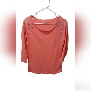 Aerie Blouse Womans XS Peach Pink 3/4 Sleeve Lace Casual Preppy Comfort